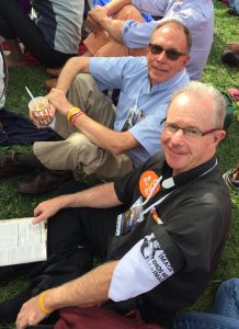 Fathers Fred Daley, pastor of All Saints Parish in Syracuse, and Tim Taugher, pastor of St. Francis of Assisi Parish in Binghamton, at Independence Mall in Philadelphia Sept. 26. (Sun photo | Katherine Long)