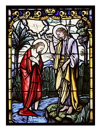 CHRIST’S BAPTISM AT JORDAN RIVER DEPICTED IN STAINED-GLASS WINDOW